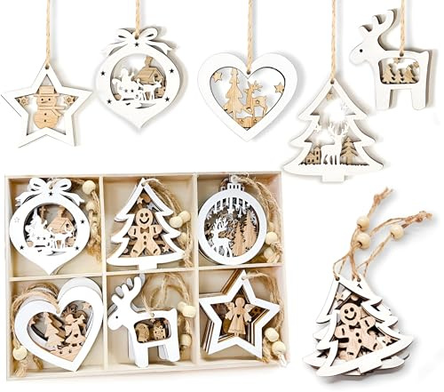 24 Stück Baumschmuck Weihnachten aus Holz，Weihnachtsdeko Zuhause – Weihnachtsanhänger & Christbaumschmuck, 24 Motive, inkl. 24 goldene S-Haken, Baumdeko und Wohnungsdekoration für Weihnachten