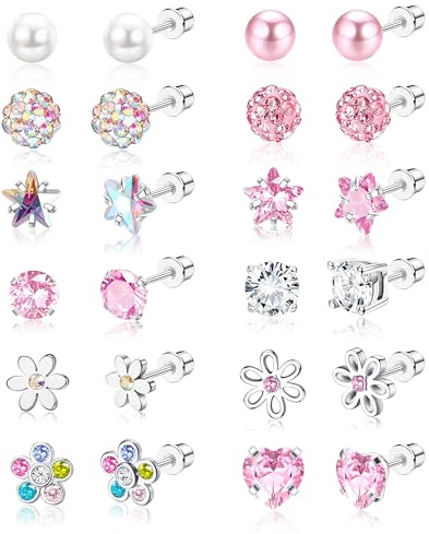 JeweBella Small Earrings Set - Stainless Steel Cute Stud Earrings with Butterfly, Flower, Heart Zirconia Designs - Multicolored, Hypoallergenic, Screw Back