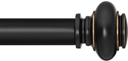 SIMEWIN Black Curtain Rods for Windows 28 to 48 Inches Adjustable Decorative 1 Inch Diameter Single Window Curtain Rod Set with Classic Finials, Black with Gold Finishing