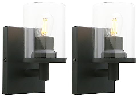 PathsOn 2 Pack Vintage Wall Sconce,Cylinder Glass Shade Wall Light Fitting for Bathroom Vanity Mirror Kitchen Living Room Black