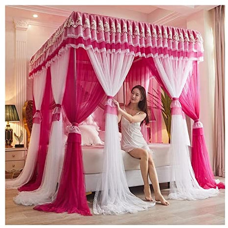 MIDUNU 4 Ecken Pfosten-Himmelbett-Vorhang, Prinzessin, bestickte Spitze, Rüschen, Betthimmel, Betthimmel-Vorhang für Mädchen und Erwachsene, Doppellagiges, transparentes Netz-Moskitonetz