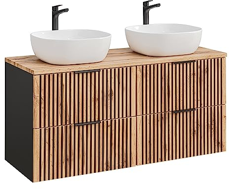 Lomadox Meuble de salle de bain double vasque, 121 cm, avec 2 lavabos, anthracite avec chêne Nb. noir rainuré, 120,6 x 74,2 x 46,5 cm