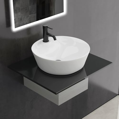 Alpenberger Aufsatzwaschbecken Rund 43 cm | Keramik Waschbecken Klein auf Granit Naturstein Waschtischplatte | Handwaschbecken mit Keramikversiegelung | Mini Waschtisch Gäste WC Waschschüssel