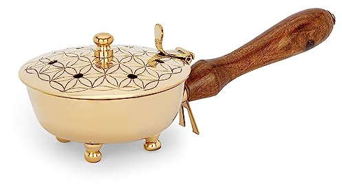 NKlaus Räucherpfanne Blume des Lebens, Messing Gold, 20x9x7cm, 1 Stück | Räuchergefäß mit Holzgriff; Gewicht 280g