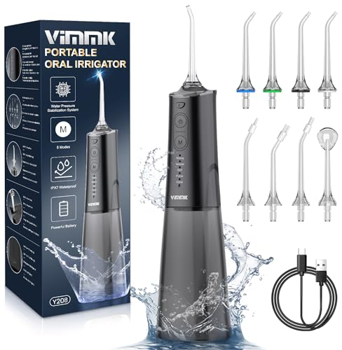 Irrigatore orale senza fili Elettrico Pulitore Dentale Vimmk Water Flosser 5 Modalità & 8 Ugelli USB-C Ricaricabile Flosser Acqua IPX7 Impermeabile 300ML Serbatoio Acqua Pulitore Bocca Pulitore (Nero)