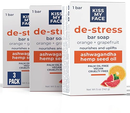 Kiss My Face De-Stress Bar Soap, With Ashwagandha and Hemp Seed Oil, Nourishes and Uplifts, Bar Soaps for Hands and Body, Cruelty Free and Palm Oil Free, Orange and Grapefruit Scents, Pack of 3