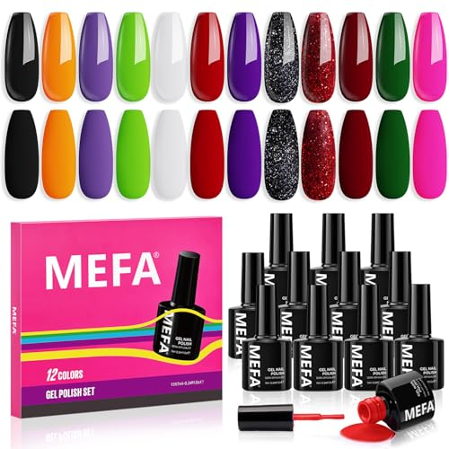 MEFA UV Nagellack Set, Gel Nagellack UV Set 12 Farben Schwarz Weiß Orange Lila Grün Glitzer UV Gel Nagellack Soak-Off UV Nagellack für Anfänger DIY Nailart zu Hause Sommer, 7 ML