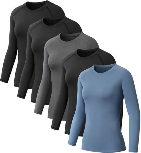 NebuKinex Lot de 5 t-Shirts de Compression à Manches Longues pour Femme - Séchage Rapide - pour Gym, Yoga, Course à Pied, 3 Noir + Gris + Bleu, Taille S
