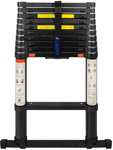 ALDORR Professional 3,20M Teleskopleiter aus Hochwertigem Aluminium - mit Teleskopische Stabilisierungsstange - Belastbarkeit Bis zu 150kg - Soft-Close-System - Sicher und Zuverlässig (EN131)
