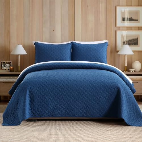 ENASAL Tagesdecken Bettuberwürf aus Baumwolle 240x260cm mit 2 Kissenbezüge für Doppelbett, 3 teilig Steppdecke Bettdecke weiche Ganzjahresdecke, Strickmuster Blau, 250x270cm
