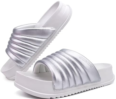 KuaiLu Womens Sandals with Arch Support Orthopedic Comfortable Lightweight Cushion Recovery Summer Fashion Leather Casual Womans Plantar Fasciitis Slides for Indoor&Outdoor Silver White 8