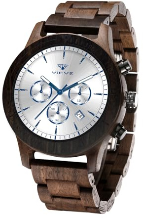 VICVS Reloj de pulsera de madera, 100% madera natural, movimiento de cuarzo japonés con indicador de fecha, función de cronógrafo, Moderno