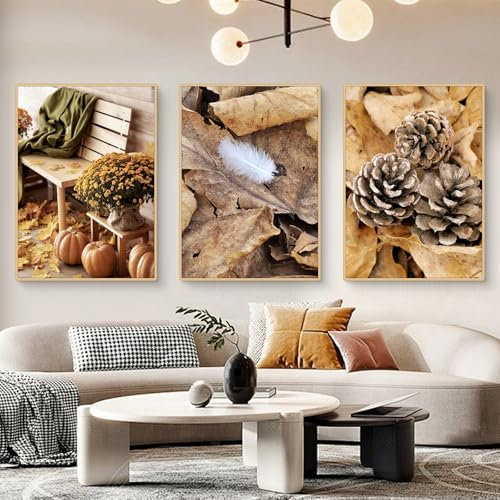 Uixxducc 3 Premium Moderne Poster Set Goldener Herbst Tannenzapfen und Schilf Bilder Wandbilder ohne Rahmen Stilvolles Set mit passenden Bilder als Wohnzimmer Deko (A,30x40cm)