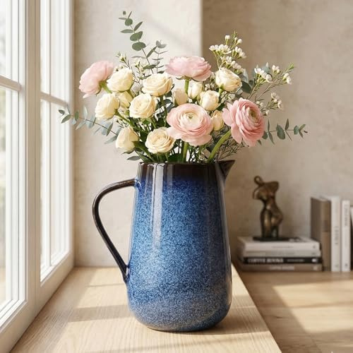 Vase pichet en céramique bleu avec poignées, carafe vintage en céramique bleue, décoration d'intérieur, vase en poterie rustique moderne – pour décoration de table bleu marine, cheminée, entrée