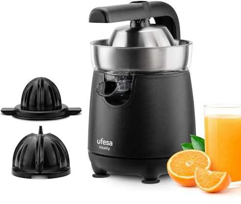 Ufesa Vitality, Exprimidor Eléctrico de brazo, 120W, Vertido Continuo, Sistema Antigoteo, Doble Cono, Filtro en Acero Inoxidable, Brazo para la extracción del Zumo, Sin BPA, Negro Inox