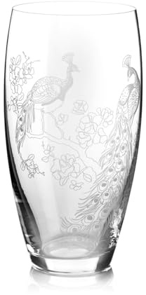 DIAMANTE Large Crystal Barrel Vase Peacock - Intricate Peacocks Design Flower Vase - 26cm