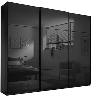 möbelando Schwebetürenschrank >Minda< 3-TRG. für Ihr Schlafzimmer mit viel Stauraum - Vielseitiger Kleidershrank in Graphit und Grauglas 270x225x62 (B/H/T)