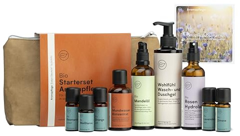 Aromapflege Starterset, 8 Bio-Naturprodukte mit Mandelöl, Rosenhydrolat, Duschgel, Mundwasser und ätherischen Ölen, inkl. Ratgeber & Anleitung