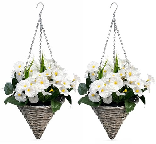 ADEPTNA Set of 2 Artificial Petunia Hanging Baskets UV-Protected Faux Flower Cone Shaped Woven Baskets with Hanging Chains Realistic Outdoor Indoor Decoration Gardens Patios Balconies (WHITE)