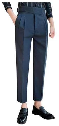 Foweknow Pantaloni da uomo in tessuto eleganti pantaloni da tuta da uomo a vita alta, pieghe anteriori pantaloni Gurkha classici a spina di pesce vintage pantaloni per il tempo libero, Blu marino, 32