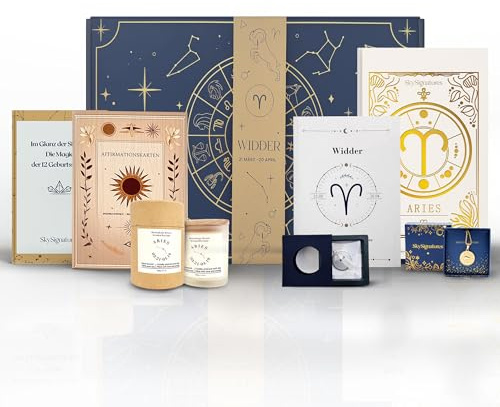Galaxieregister Widder Sternzeichen Geschenkset–Luxuriöse Astrologie-Box mit Duftkerze, Journal, Geburtsstein-Anhänger, Affirmationskarten & Sternzeichen-Kette - Mediation, Ritual, Geschenk Frau