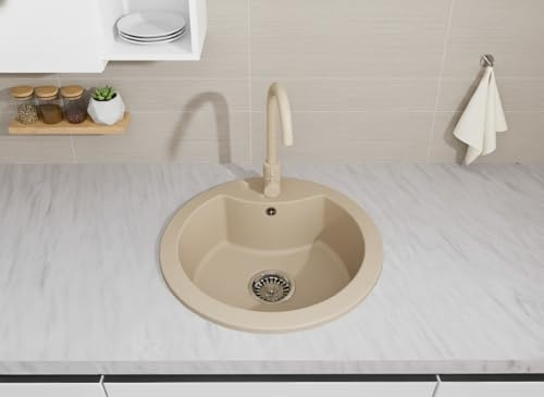 Faizee Home Granitspüle Ø 49 cm Beige – runde Einbauspüle aus Granit – beidseitig montierbar, kratzfest, hitzebeständig – modernes Spülbecken