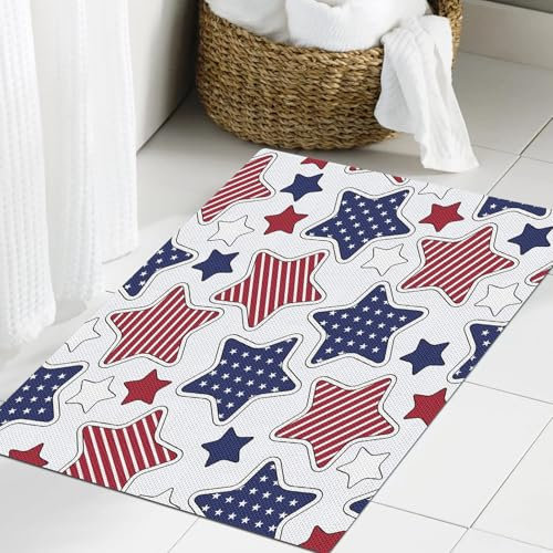 JHAOUNUK Weich Badezimmerteppich 40x60cm,Nahtloses Muster mit amerikanischen Sternen und Streifen,rutschfest waschbar Badematte Flauschige Badteppich Saugfähig Badvorleger Duschvorleger