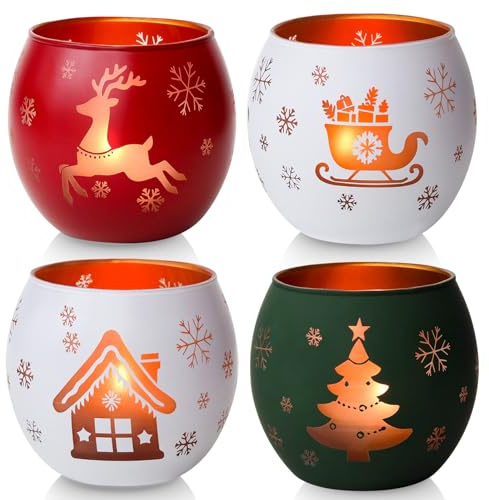 Glas Weihnachts Kerzenhalter 4er Set, Teelichthalter in Weiß, Rot, Grün - Weihnachtsdeko innen, Tischdeko Weihnachten & Winter Deko für Fensterbank - Ideales Weihnachtsdekoration