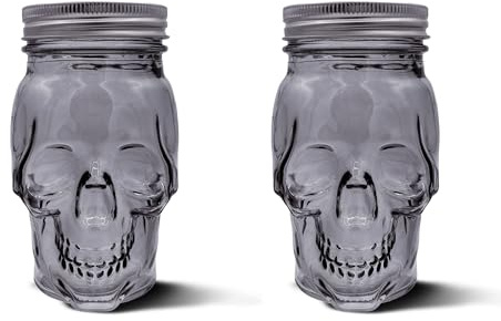 DURA LIVING Set of 2 Skull Mason Jar Glasses with Lids | 16oz Reusable Halloween Drinking Glasses | Unique Skull Décor, Storage, & Canning Jars for Parties & Gifts
