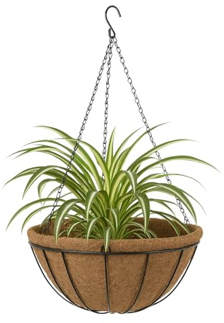 TECHZOCO Macetero de Coco Colgante, Maceta de Coco diseño Lineal, Tiesto Colgar Flores, Fabricado en Fibra de Coco y Metal, Recipiente Pared para Flores, 35 cm diámetro x 20 cm Alto