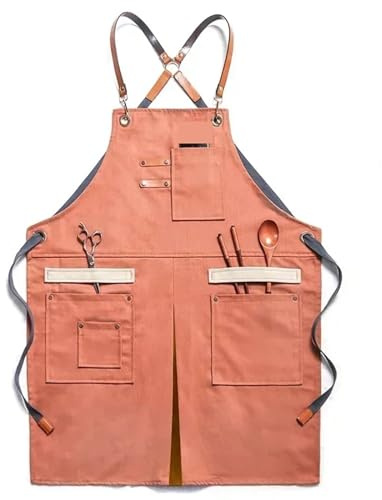 LSNNMU Work Apron Heavy Duty Unisex Canvas Work Apron With Tool Pockets Cross-Back Straps Adjustable For Woodworking Painting(Pink)