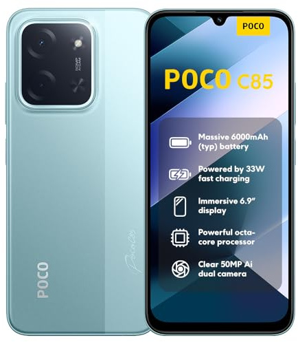 XIAOMI POCO C85, Smartphone 8+256GB, Display 6,9 120Hz 7,99mm Design, MediaTek Helio G81-Ultra Octa-core, Doppia fotocamera AI da 50MP, 6000mAh, garanzia di 2 anni, Verde, Caricabatteria non incluso