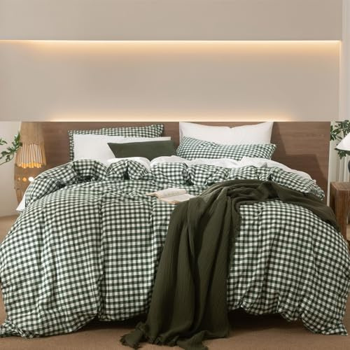 Lanqinglv Bettwäsche 135x200 Baumwolle Kariert Grün Weiß,Renforce Baumwolle Bettwäsche Set mit Reißverschluss,ÖKO-TEX Bettwäsche Gitter für Allergiker Geeignet,1 Bettbezug & 1 Kissenbezug 80x80 cm