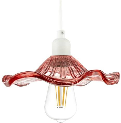 Modern Designer Ribbed Rose Pink Glass Pendant Lighting Shade with Wavy Ruffled Edge | 6cm x 23cm | Chic Curving Etched Lines by Happy Homewares