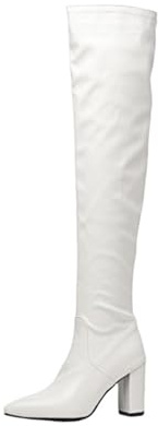 Générique Bottes Femme Au-Dessus des Genoux en Cuir Patiné Brillant Bout Pointu Talon Block Épais Coupe Élastique Stylé pour Soirée Cocktail Robe,Blanc,42.5 EU