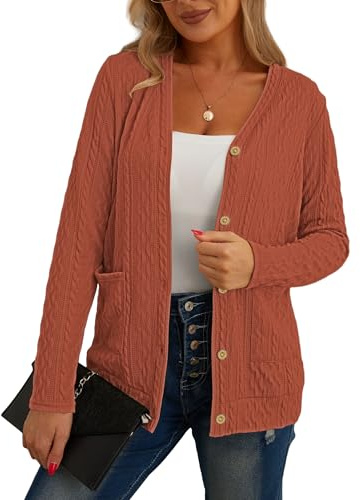 GRECERELLE Cardigan för damer, långärmad lätt kofta med knappar, V-ringad och ribbstickad kofta med knappar, ytterkläder, topp med öppen framsida och fickor, Roströd, XL