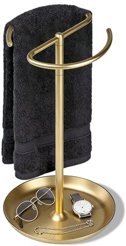 simpletome Handtuchhalter Arbeitsplatte Stehend Mit Ablagefach rutschfest Beschwerter Boden Badezimmer (Gebürstetes Gold) | schwerer standfuß | galvanisiert für dauerhaften glanz | aufbewahrungsschale für uhr, halsketten, brillen, ohrringe