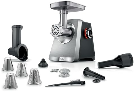 Bosch MultiPower 8-serien, multifunktionell kvarn, blockerad motoreffekt 2 500 W, köttkvarn, rivjärn, korv och kebbe-tillbehör, svart, MFWS840M