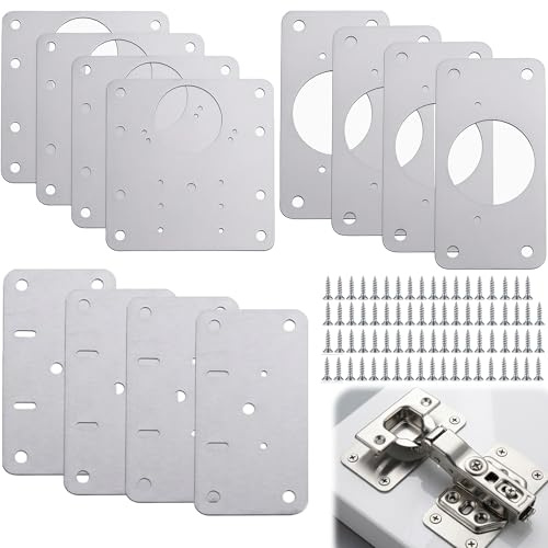 12Pcs Hinge Repair Plate with 56 Screws, Kitchen Door Hinge Repair Plate with Holes, Cabinet Hinge Repair Plate, Stainless Steel for Wood Furniture, Kitchen Hinge Repair Plate Multiple Sizes