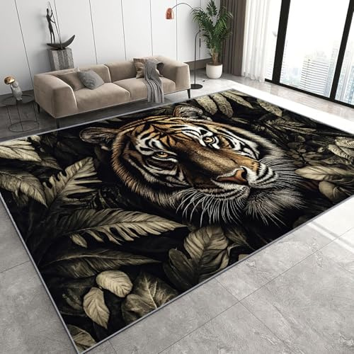 Generisch Tiger Blätter Diele Teppich 60 x 110 cm 3D Tropen Dschungel Tier Waschbarer Teppich Kurzflor Antirutsch Bettvorleger für Diele, Schlafzimmer, Küche D-232