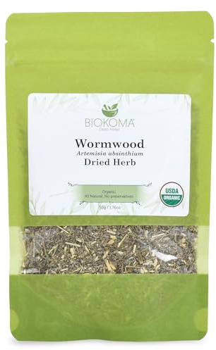 Biokoma Organic Wormwood Dried Herb 50g (1.76oz) - Loose Artemisia absinthium Herbal Tea - USDA Organic - Resealable Moisture Proof Pouch - No Additives - No Preservatives - Non GMO - Kosher