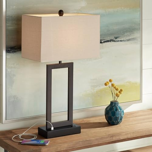 360 Lighting Todd Modern Minimalist Table Lamp with USB Charging Ports A+C and AC Power Outlet in Base 30 Tall Bronze Rectangular Oatmeal Fabric Shade Living Room Bedroom House Bedside Nightstand