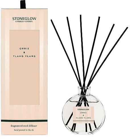 Stoneglow Modern Classics Orris & Ylang Ylang Scented Reed Diffuser 120ml with 12 Rattan Reed Diffuser Sticks, Bergamot Plum Iris Rose Jasmine Amber & Musk, Lasts 10 Weeks, Refillable Home Fragrance