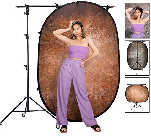 Photo Backdrop Collapsible Photography Backdrop Kit, Double Sided Video Screen Backdrop Studio Background with Light Stand Boom Arm, for Stages Parties Games, Dark Moss/Amber