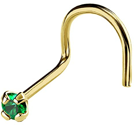 Jewelry Avalanche 22G Solid 14Kt Gold Nose Screw Stud with Prong Set real Emerald Gemstone, 14kt Yellow Gold or 14kt White Gold - May Birthstone Nose Ring-NSYG_ED-1.5MM