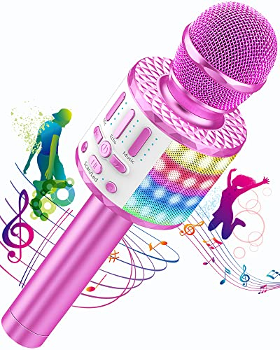 Micros sans Fil Karaoké, Microphone Karaoke Bluetooth avec Lumière Scène, Portable Haut-Parleur pour Enfants/Adultes Fête Chanter Disco KTV Clubs Noël Anniversaire Soiree Idée Cadeau Fille Garcon