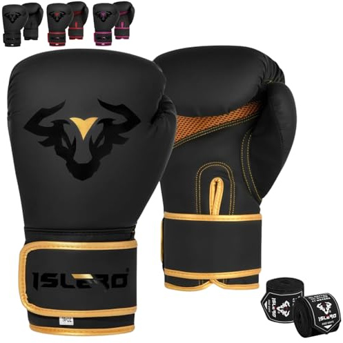 Islero EVO Fitness,Guantes de boxeo negros mate para hombre, bolsa de boxeo para mujer, color rosa, MMA Muay Thai, artes marciales, guantes de combate con envolturas de mano (12 onzas, dorado)