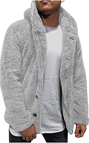 LUCKME Mens Fluffy Jackets,Teddy Fleece Winter Hoodie Jacket Open Front Sherpa Cardigan Plain Warm Sweatshirt Sweater Top Pullover Jackets Coat Outerwear UK Size 8-18 Gray