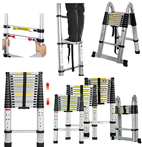 Multifunktionsleiter, Teleskopleiter, Klappleiter aus Edelstahl, Silber, 3,8 m, 13 Sprossen, max. Traglast 150 kg