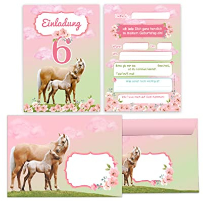 Junapack 12 Einladungskarten incl. 12 Umschläge zum 6. Kindergeburtstag sechste Geburtstag Mädchen Pferd mit Fohlen